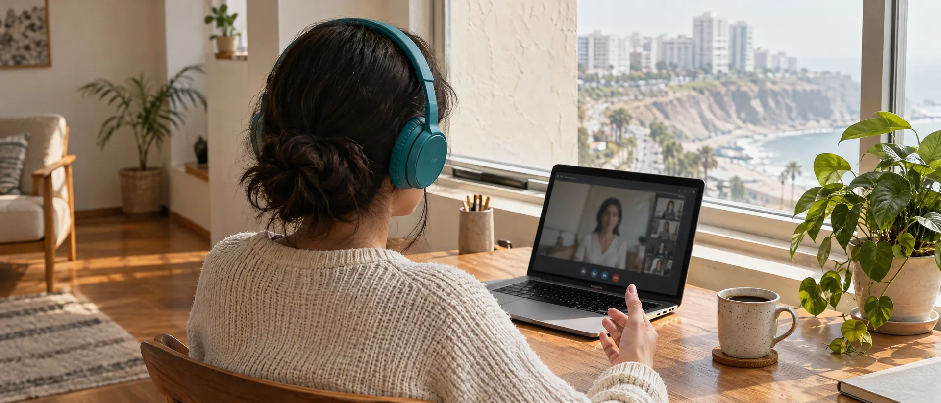 Persona con audífonos turquesa hablando frente a su laptop junto a una ventana en Lima