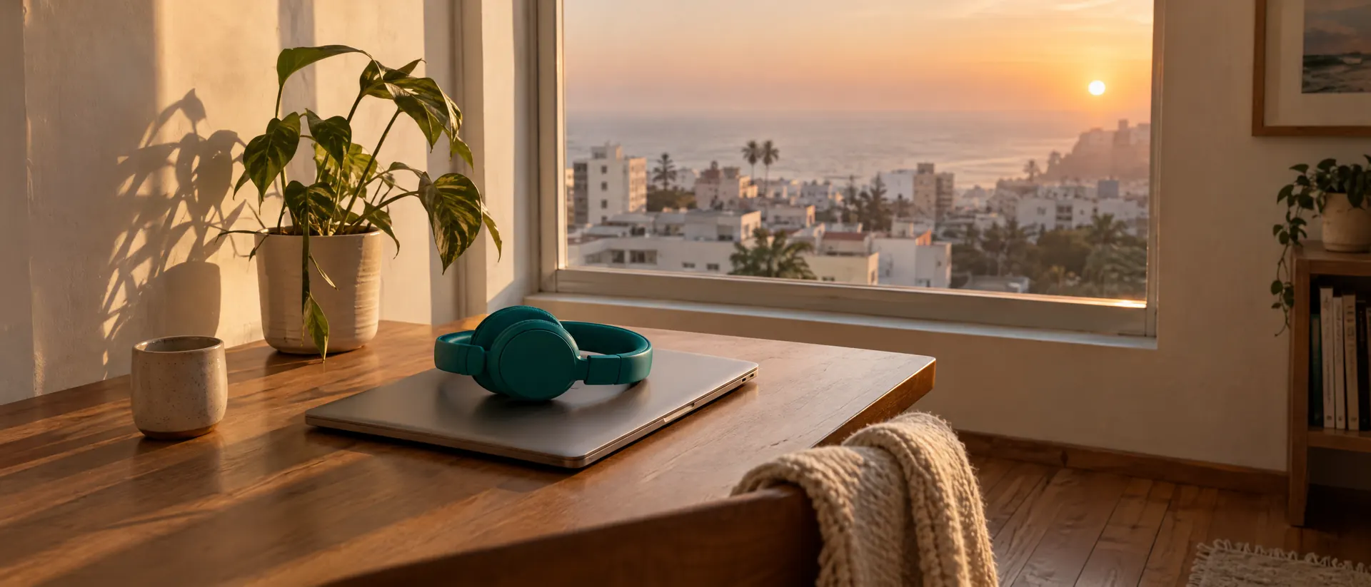 Laptop cerrada con audífonos turquesa encima, junto a una ventana al atardecer sobre Lima