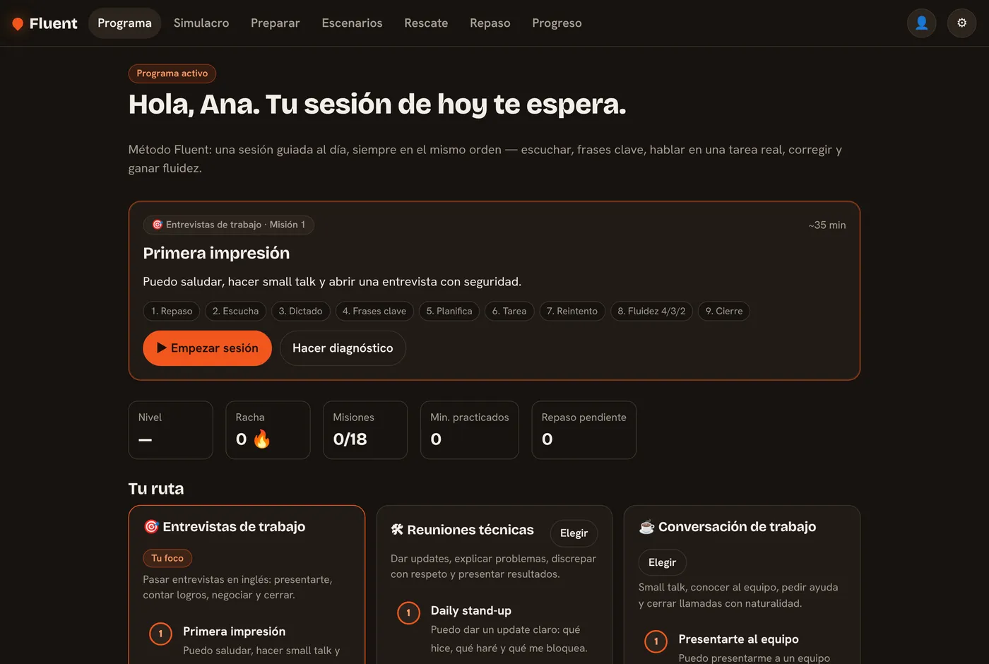 Pantalla de inicio del programa de Fluent con la ruta de misiones